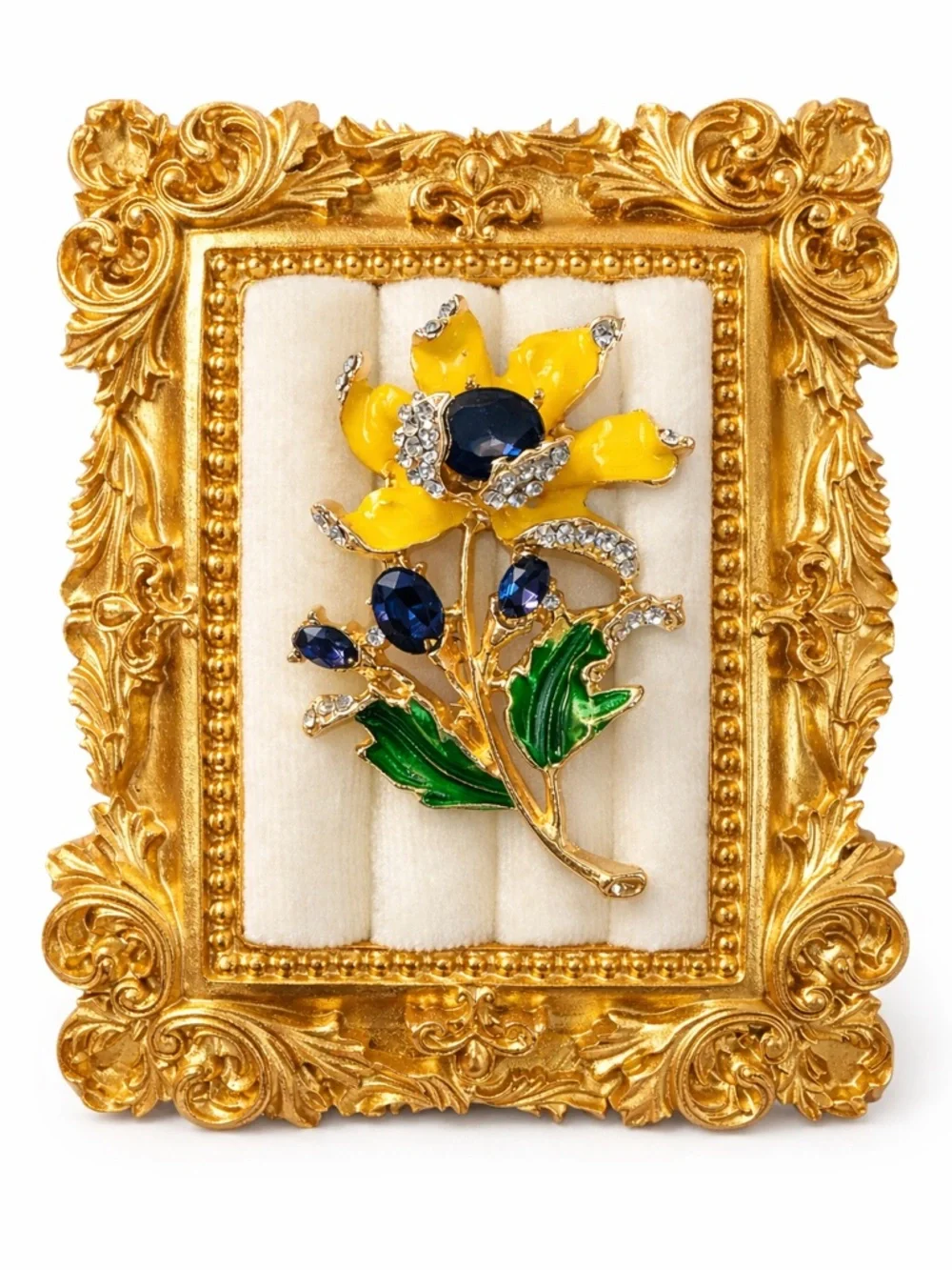 Vintage Style Yellow Enamel Flower Brooch Pin Blue Glass Rhinestone Gold Tone